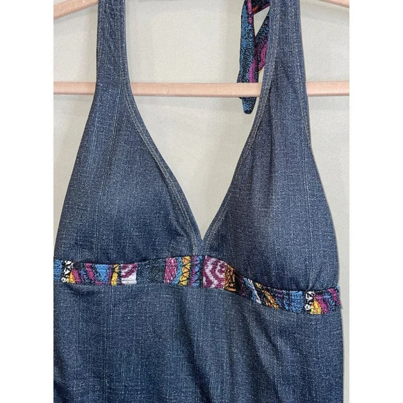 Coogi Size 16 One Piece Swimsuit Halter Top Denim Style Colorful Ruffles Beach - Picture 3 of 9